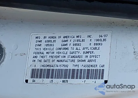 2007 Honda Accord 2.4 Lx из США, поврежденный, VIN 1HGCM56427A157592